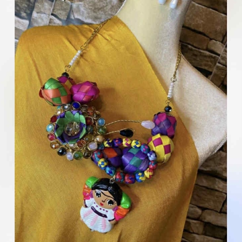 Multicolor Artisan Necklace with Mexican Doll Pendant